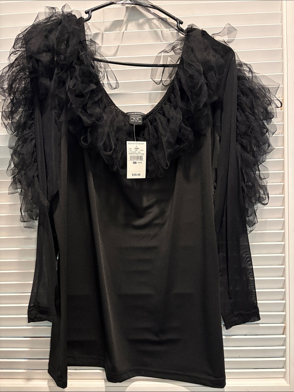 Black Ruffle Mesh Sleeve Women's Top - Elegant Evening Knit